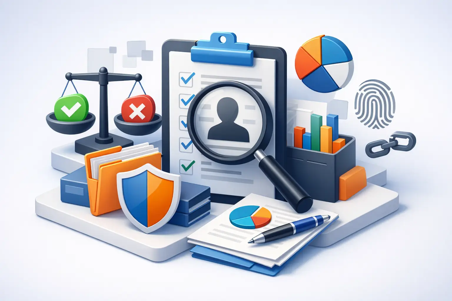3D illustration of a legitimate interest assessment with balancing scales, a checklist clipboard, magnifier over a profile and analytics charts