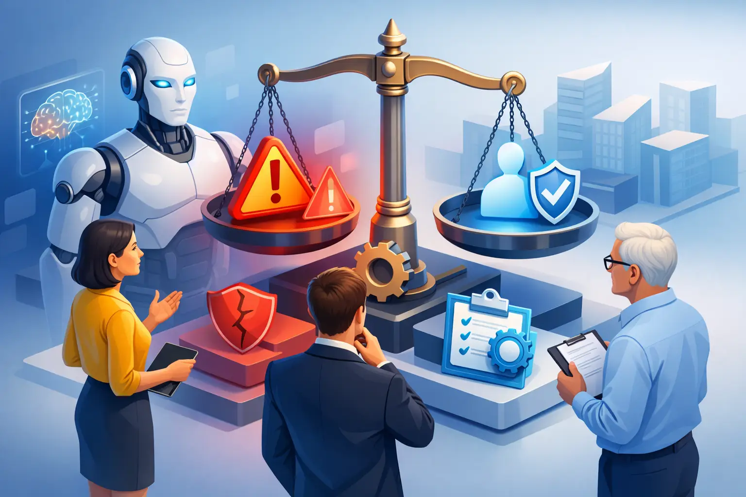 3D illustration of AI risk accountability with balance scales weighing warning signs against user protection, humanoid AI figure and reviewers deliberating