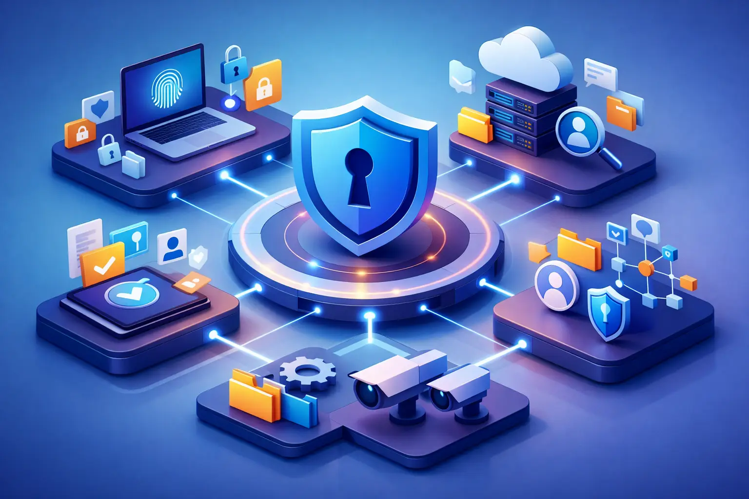 Isometric illustration of centralised privacy operations: a unified governance hub connecting assessments, records, suppliers, incidents and AI systems