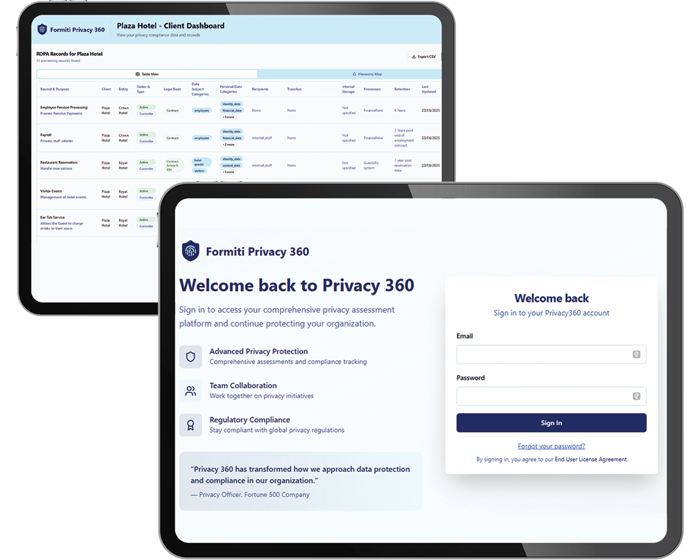 Two tablets displaying the Formit Privacy 360 dashboard interface for managing privacy assessments and compliance featuring login prompts and data tables showcasing privacy records and assessments essential for privacy management